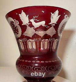 LARGE quality handmade Moser cut to clear ruby red crystal glass etched vase