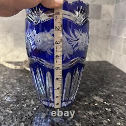 LAUSITZER German Democratic Republic Cobalt Blue Cut To Clear Crystal Vase MINT