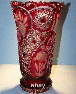 LAUSITZER IMPERLUX CRYSTAL Large Red Vase Blown Cut to Clear Overlay Bohemia