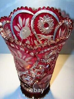 LAUSITZER IMPERLUX CRYSTAL Large Red Vase Blown Cut to Clear Overlay Bohemia