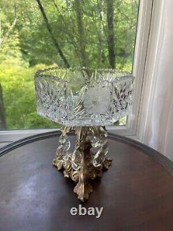 L & L WMC Crystal Swiveling Cut Glass Compote/Bowl with Brass Base and Crystals