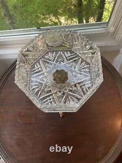 L & L WMC Crystal Swiveling Cut Glass Compote/Bowl with Brass Base and Crystals