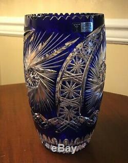 Large 10 German Cobalt Blue Cut to Clear 24% Lead Crystal Vase