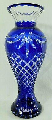 Large 16 Bohemian Czech Cobalt Blue Cut to Clear Crystal Tall Flower Vase