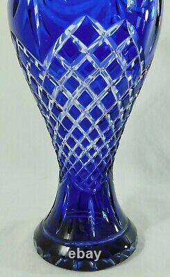 Large 16 Bohemian Czech Cobalt Blue Cut to Clear Crystal Tall Flower Vase