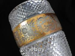 Large 9 3/4 Bohemian Moser Czech Floral Engraved Cut Crystal Gold Vase