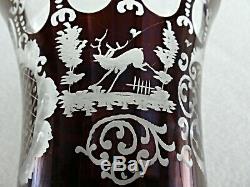 Large Antique Bohemian EGERMANN Red Cut to Clear Crystal Amphora Vase with Animals