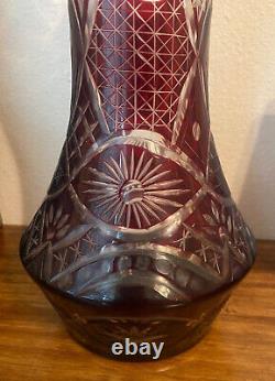 Large Antique Vintage Cranberry Cut to Clear Crystal Glass Vase, 15.25