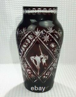 Large Bohemain Flash Cut Ruby Red Glass Vase Dancing Figurine Panels Excellent