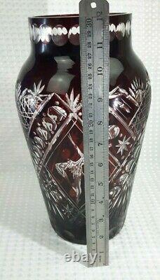 Large Bohemain Flash Cut Ruby Red Glass Vase Dancing Figurine Panels Excellent