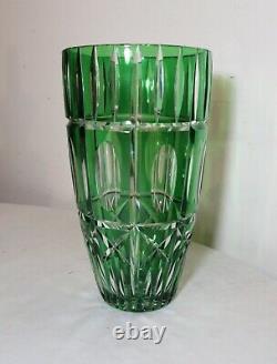 Large Bohemian vintage hand wheel cut to clear green glass tall crystal vase