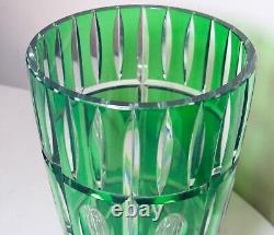Large Bohemian vintage hand wheel cut to clear green glass tall crystal vase