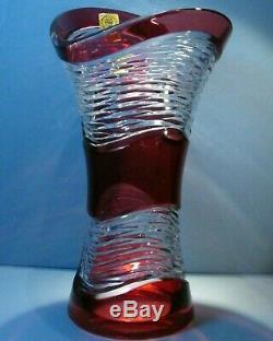 Large CAESAR CRYSTAL Red Vase Hand Cut to Clear Overlay Czech Bohemian Blown