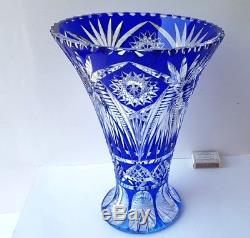 Large Crystal Glass Vase, Flashed Glass, Cobalt Blue, Hand Cut, um 1950 L141