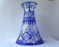 Large Crystal Glass Vase, Flashed Glass, Cobalt Blue, Hand Cut, um 1950 L141