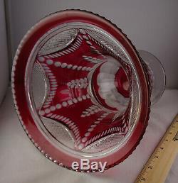 Large Crystal Ruby Red Cut To Clear Vintage Glass Vase Drape & Leaf Style High Q