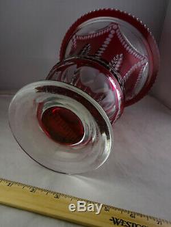 Large Crystal Ruby Red Cut To Clear Vintage Glass Vase Drape & Leaf Style High Q