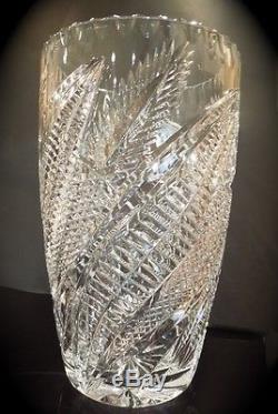 Large Crystal Vase Leaf Pattern Cut Glass