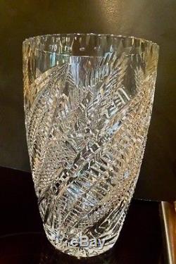 Large Crystal Vase Leaf Pattern Cut Glass