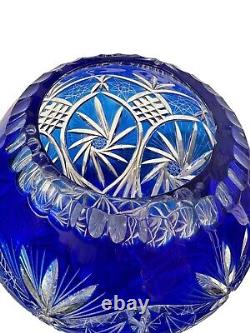 Large Cut To Clear Crystal Cobalt Imperial Blue Bohemian Vase