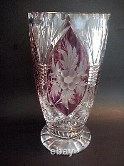 Large Hand Cut Lead Crystal Vase Cranberry Violet Amethyst Purple Pink