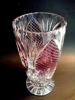 Large Hand Cut Lead Crystal Vase Cranberry Violet Amethyst Purple Pink