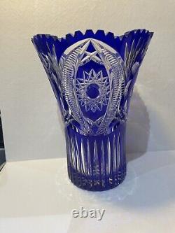 Large Heavy Cobalt Blue Crystal Cut To Clear Vase