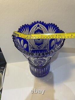 Large Heavy Cobalt Blue Crystal Cut To Clear Vase