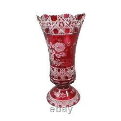 Large Heavy SIGNED MEISSEN Ruby Red Cut to Clear Roses Crystal Meissner Vase 16