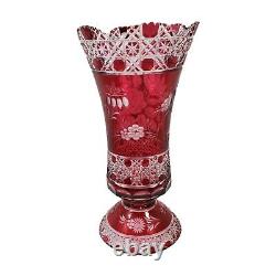 Large Heavy SIGNED MEISSEN Ruby Red Cut to Clear Roses Crystal Meissner Vase 16
