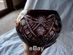 Large ROSE BOWL VASE Globe Dark Ruby Red cut to clear crystal glass bohemian vtg