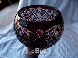 Large ROSE BOWL VASE Globe Dark Ruby Red cut to clear crystal glass bohemian vtg