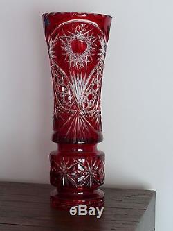 Large RUBY RED, 36 cm high, Cut to clear Overlay / Cased Crystal Vase, RUSSIA