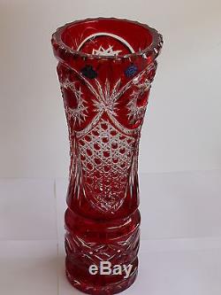 Large RUBY RED, 36 cm high, Cut to clear Overlay / Cased Crystal Vase, RUSSIA