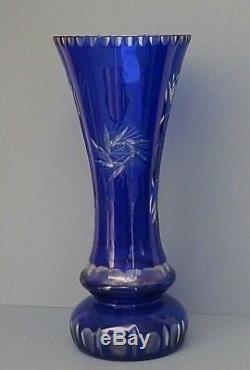 Large Rare Bohemian Crystal Pinwheel Cut To Clear Cobalt Blue Vase-14 Tall