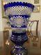 Large Sapphire Blue Cut To Clear Crystal Vase Bohemian Intaglio Flowers 10.5
