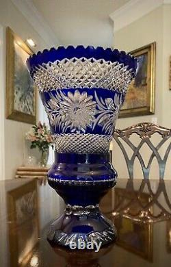 Large Sapphire Blue Cut to Clear Crystal Vase Bohemian Intaglio Flowers 10.5