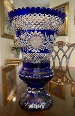 Large Sapphire Blue Cut to Clear Crystal Vase Bohemian Intaglio Flowers 10.5