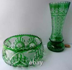 Large Vase Crystal Glas Flashed Glass Smaragd-Grün Hand Cut Um 1950 G866