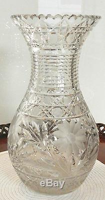 Large Vintage Abp Cut Crystal Vase With Leaf And Floral Decor