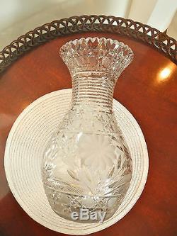 Large Vintage Abp Cut Crystal Vase With Leaf And Floral Decor