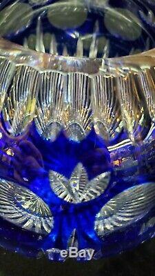 Large Vintage Cobalt Blue Czech Bohemia Cut to clear Crystal Vase 8 Wide