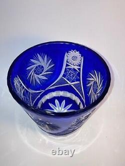 Large Vtg Cobalt Blue Crystal Art Glass Cut to Clear Bohemian Czech Bucket Vase