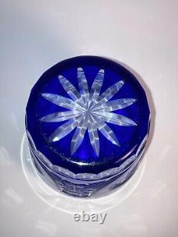 Large Vtg Cobalt Blue Crystal Art Glass Cut to Clear Bohemian Czech Bucket Vase