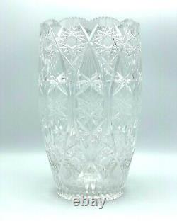Large Vtg Crystal Cut Glass 12 Vase Geometric Patterns with Starbursts & Circles