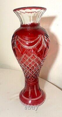 Large heavy 2 part vintage ornate cut to clear cranberry red glass crystal vase