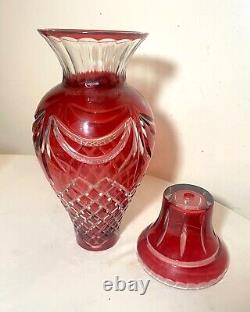 Large heavy 2 part vintage ornate cut to clear cranberry red glass crystal vase