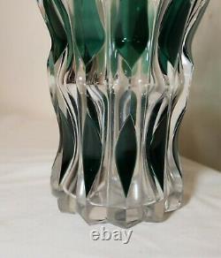 Large rare Val Saint Lambert vintage hand cut to clear green glass crystal vase