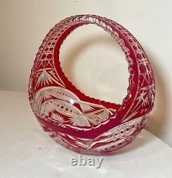 Large vintage cut to clear Bohemian Czech glass crystal bowl flower basket vase
