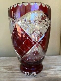 Large vintage ruby cut to clear Bohemian glass vase